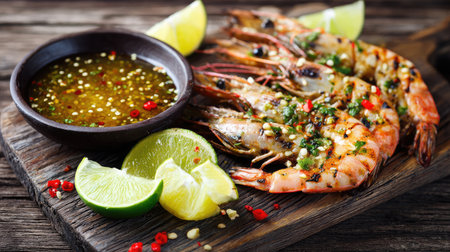Indulge in a vibrant plate of grilled shrimp seasoned with herbs and spices, served with fresh lime and a tangy sauce. Perfect for seafood lovers!の素材