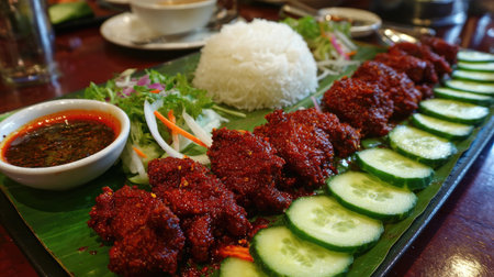 A vibrant and appetizing Asian cuisine platter featuring crispy dishes, fluffy rice, fresh cucumber slices, and a flavorful dipping sauce, perfect for sharing.の素材