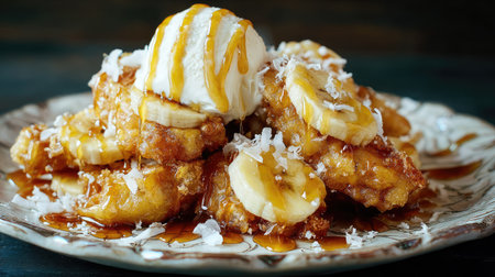 A mouthwatering dessert featuring crispy fried banana pieces topped with creamy ice cream, fresh banana slices, and drizzled with caramel sauce.の素材