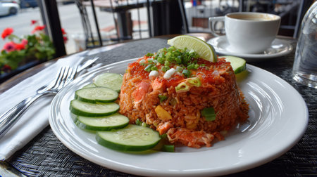 A vibrant and appetizing plate of fried rice is beautifully presented with lime wedges and cucumbers, perfect for a delicious meal at a restaurant.の素材