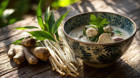 This vibrant image showcases a delicious Asian chicken soup served in a decorative bowl, surrounded by fresh herbs and ingredients on a rustic wooden table.の素材