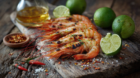Juicy grilled shrimp sit alongside fresh lime and chili on a rustic wooden board. This vibrant culinary display highlights the art of gourmet cooking.の素材