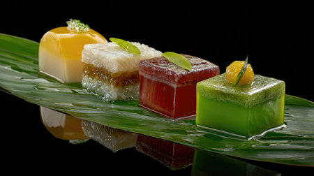A stunning display of colorful Asian desserts on a green leaf against a dark background, showcasing elegance and creativity in culinary art.の素材