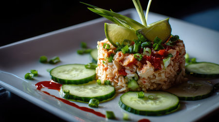 This image features a beautifully arranged rice dish garnished with fresh cucumber slices, lime wedges, and finely chopped green onion for a delightful presentation.の素材