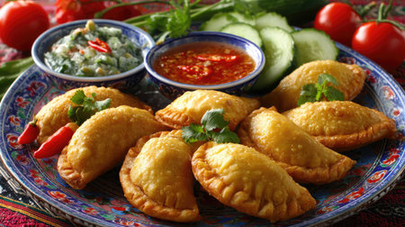 This vibrant plate displays delicious homemade dumplings served with fresh vegetables and a spicy dipping sauce, perfect for sharing at gatherings.の素材