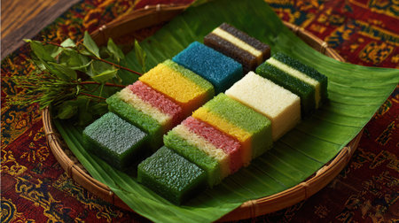 A vibrant display of colorful traditional Asian snacks arranged on a green leaf, highlighting the rich textures and inviting presentation of this delightful treat.の素材
