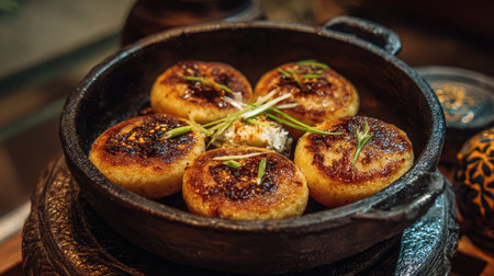 This image showcases delicious crispy golden pancakes artfully arranged in a traditional bowl, accented with fresh herbs and spices, perfect for a hearty meal.の素材