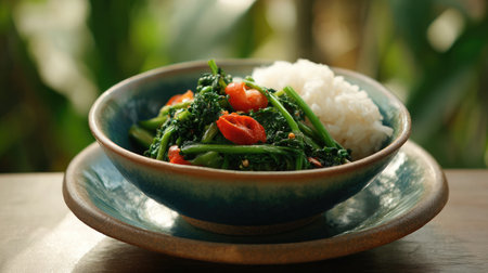 This image features a vibrant vegetable dish with fresh greens and tomatoes, served alongside soft rice in a beautiful rustic bowl.の素材