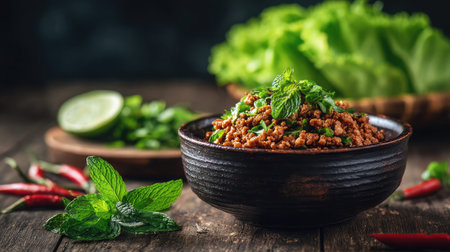A vibrant and fresh ground meat dish garnished with mint and served with green vegetables on a rustic wooden table, perfect for culinary inspiration.の素材