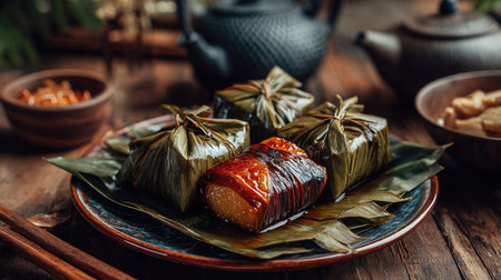 A captivating scene of traditional Asian rice dumplings wrapped in bamboo leaves, beautifully presented on a wooden table with a teapot and bowls.の素材