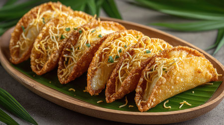 Savory dumplings with a crispy golden shell sit elegantly on a leafy plate, showcasing their delicious filling and inviting presentation for any food lover.の素材