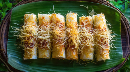 An enticing display of sweet coconut rolls topped with crispy layers, beautifully arranged on a green leaf for a vibrant and inviting gourmet experience.の素材
