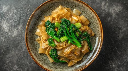 A bowl of stir-fried noodles with tender chicken and vibrant broccoli, beautifully presented on a textured surface, ideal for food lovers and chefs alike.の素材