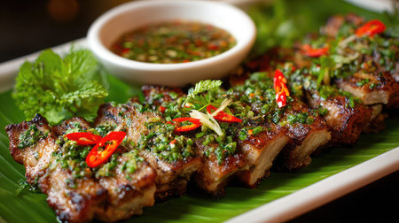 Succulent grilled fish fillets topped with a fresh herb sauce and vibrant chili garnishes, served on a leafy plate. Perfect for dining.の素材
