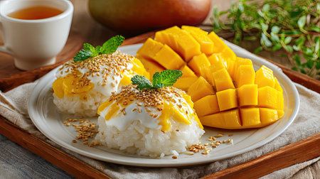 This vibrant dessert features sticky rice topped with sweet coconut cream, fresh mango slices, and a sprinkle of sesame seeds. Perfect for any occasion!の素材