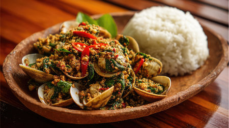A vibrant seafood dish featuring tender clams cooked with fresh herbs and spices, served alongside fluffy white rice in an inviting presentation.の素材