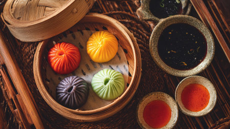 An appetizing display of colorful dumplings nestled in a bamboo steamer, served with various dipping sauces on a rustic wooden surface. Perfect for food enthusiasts.の素材