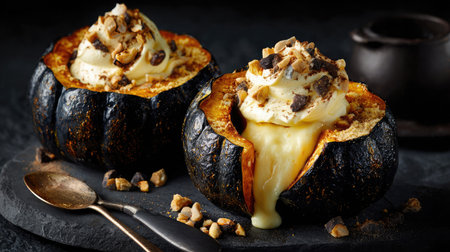 A stunning presentation of roasted squash filled with creamy topping and decadent ingredients, showcasing gourmet elements in a cozy rustic setting.の素材