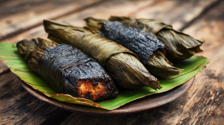 A plate of grilled fish wrapped in leaves, showcasing traditional cooking techniques. The rich, smoky flavors and rustic presentation enhance any dining experience.の素材