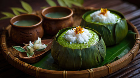 This captivating image features traditional Asian desserts presented in leaf bowls, topped with coconut. A refreshing herbal drink accompanies the dessert, showcasing vibrant colors and rustic charm, perfect for cultural celebrations or warm gatherings.の素材