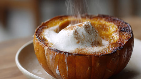 A beautifully roasted pumpkin dessert, topped with a foamy layer and a hint of cinnamon, captures the essence of autumn in a cozy setting.の素材