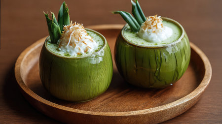 A captivating image of two charming Thai desserts served in coconut shells, showcasing pandan flavor, creamy texture, and a delightful garnish.の素材