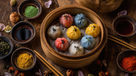 A beautiful arrangement of assorted colorful dumplings in a bamboo steamer, surrounded by rich sauces and spices on a rustic wooden table.の素材