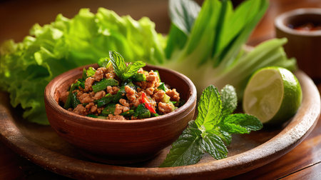 A vibrant display of fresh Thai basil minced with lime and crisp greens, served in a rustic bowl, showcasing the essence of delicious Asian cuisine.の素材