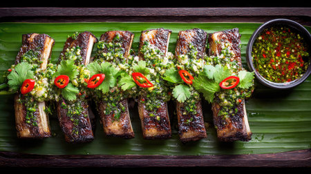 A beautifully arranged serving of grilled meat topped with fresh herbs and spicy green sauce. Vibrant colors create an enticing culinary presentation.の素材