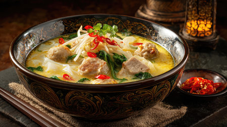 A vibrant bowl of aromatic noodle soup featuring tender meatballs, fresh vegetables, and garnished with herbs and spicy chili slices, perfect for comfort.の素材