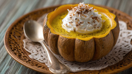 This delightful pumpkin dessert features whipped cream and coconut flakes served in a pumpkin bowl, perfect for autumn feasts and gatherings.の素材