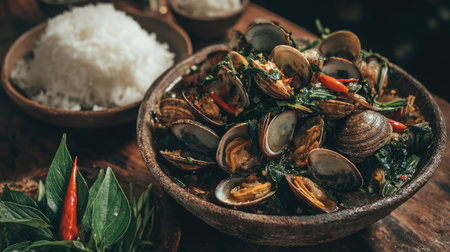 An exquisite seafood dish featuring fresh clams mixed with vibrant herbs, served with a side of fluffy rice, perfect for a delightful dining experience.の素材