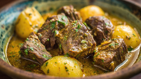 Savor the rich flavors of a tender beef stew featuring succulent chunks of meat and hearty potatoes simmered in a savory gravy, all garnished with fresh herbs, perfect for a comforting meal.の素材