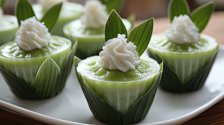 A stunning presentation of delectable green tea desserts topped with creamy frosting and fresh leaves, showcasing a perfect treat for any occasion.の素材