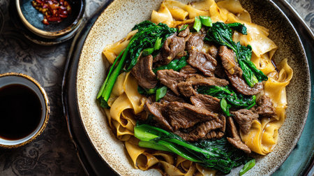A beautifully arranged dish featuring tender beef slices stir-fried with fresh vegetables on wide noodles, perfect for a delicious meal.の素材