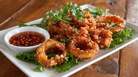 Enjoy the delightful sight of crispy fried onion rings arranged on a plate, garnished with fresh herbs and a tangy dipping sauce, perfect for sharing.の素材