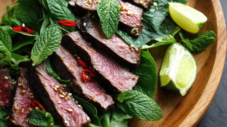 Indulge in this beautiful presentation of grilled beef slices on fresh greens, garnished with mint, lime, and chili for a zesty touch. Perfect for food lovers!の素材