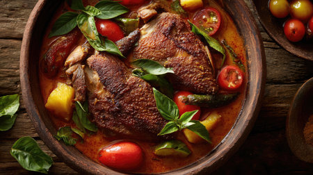 A beautifully styled chicken dish featuring juicy pieces of meat, colorful vegetables, and fresh herbs, ideal for food lovers and culinary enthusiasts.の素材