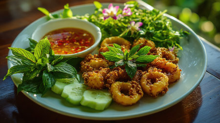 This image showcases a beautifully arranged plate of golden fried calamari rings accompanied by fresh herbs, cucumber slices, and a spicy dipping sauce, reflecting a vibrant culinary experience.の素材