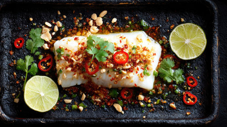 A beautifully presented cod fillet garnished with spices, herbs, and citrus. The vibrant colors and textures highlight a gourmet cooking experience.の素材
