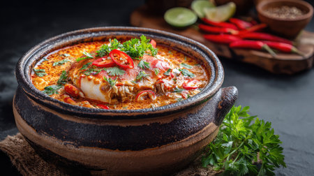 A beautifully crafted dish presented in a traditional clay pot, featuring vibrant colors and fresh ingredients. This culinary delight showcases aromatic spices and herbs, creating a rich and flavorful meal perfect for any dining occasion.の素材