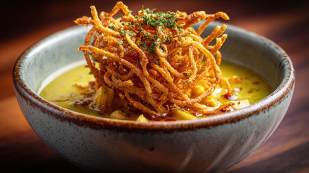 Experience the rich flavors of this bowl of yellow coconut curry, topped with crispy noodles and fresh herbs, perfect for gourmet dining or comfort food.の素材