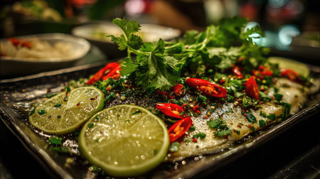 This vibrant image showcases a beautifully presented fish dish, garnished with fresh herbs, lime slices, and red chili peppers, ideal for culinary enthusiasts.の素材