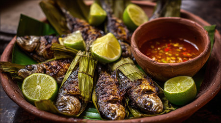 This image showcases a beautifully arranged platter of grilled fish accompanied by fresh lime and a spicy dipping sauce, perfect for tropical dining.の素材