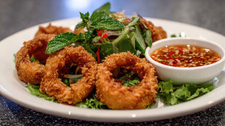 A visually appealing dish featuring crispy fried calamari rings served alongside a vibrant salad and a spicy dipping sauce, perfect for any gathering.の素材
