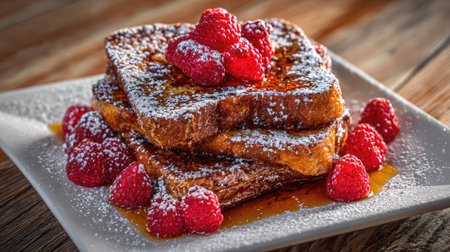 A mouthwatering stack of golden brown French toast topped with fresh raspberries and a generous dusting of powdered sugar, served with syrup.の素材