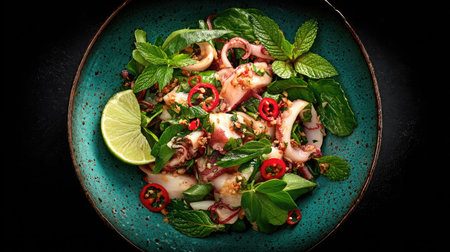 A vibrant and delicious squid salad featuring fresh herbs, zesty lime, and red chili slices, beautifully presented on a rustic plate against a dark backdrop.の素材