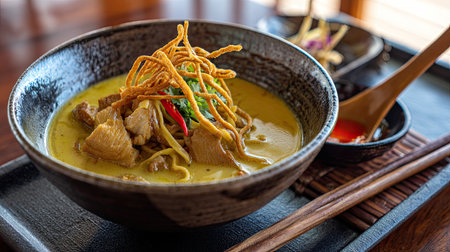 Experience the rich flavors of authentic Thai coconut curry noodle soup, garnished with crispy toppings, served beautifully in a dark bowl.の素材