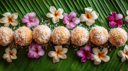 This vibrant image showcases a delightful tropical dessert coated in coconut flakes, beautifully arranged with colorful flowers on a banana leaf, ideal for food lovers.の素材