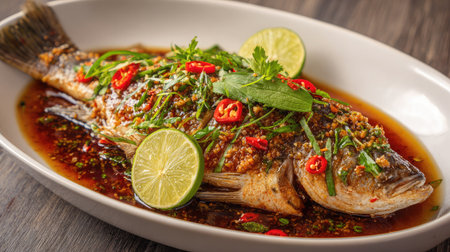 This vibrant whole fish dish boasts a flavorful sauce, topped with fresh herbs and citrus. Perfect for culinary enthusiasts looking to elevate their dining experience.の素材